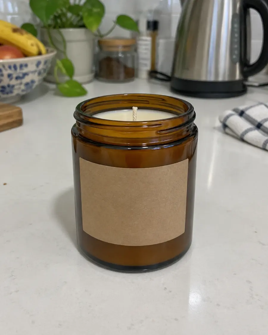 Phone photo of an amber candle on a kitchen counter